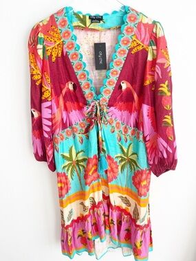 NWT City Chic Tropical Linen Blend Boho Dress Colorful Mini, Plus Size S